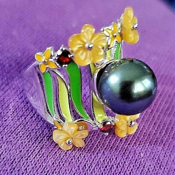 Genuine 10mm Tahitian Black Pearl, Garnet, Mother of Pearl Enamel Cockta… - Picture 2 of 8